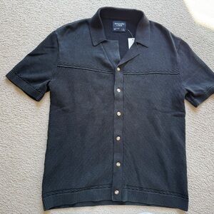 ABERCROMBIE & FITCH Mens BUTTON UP Sweater POLO SHIRT BLACK Short Sleeve Knit S